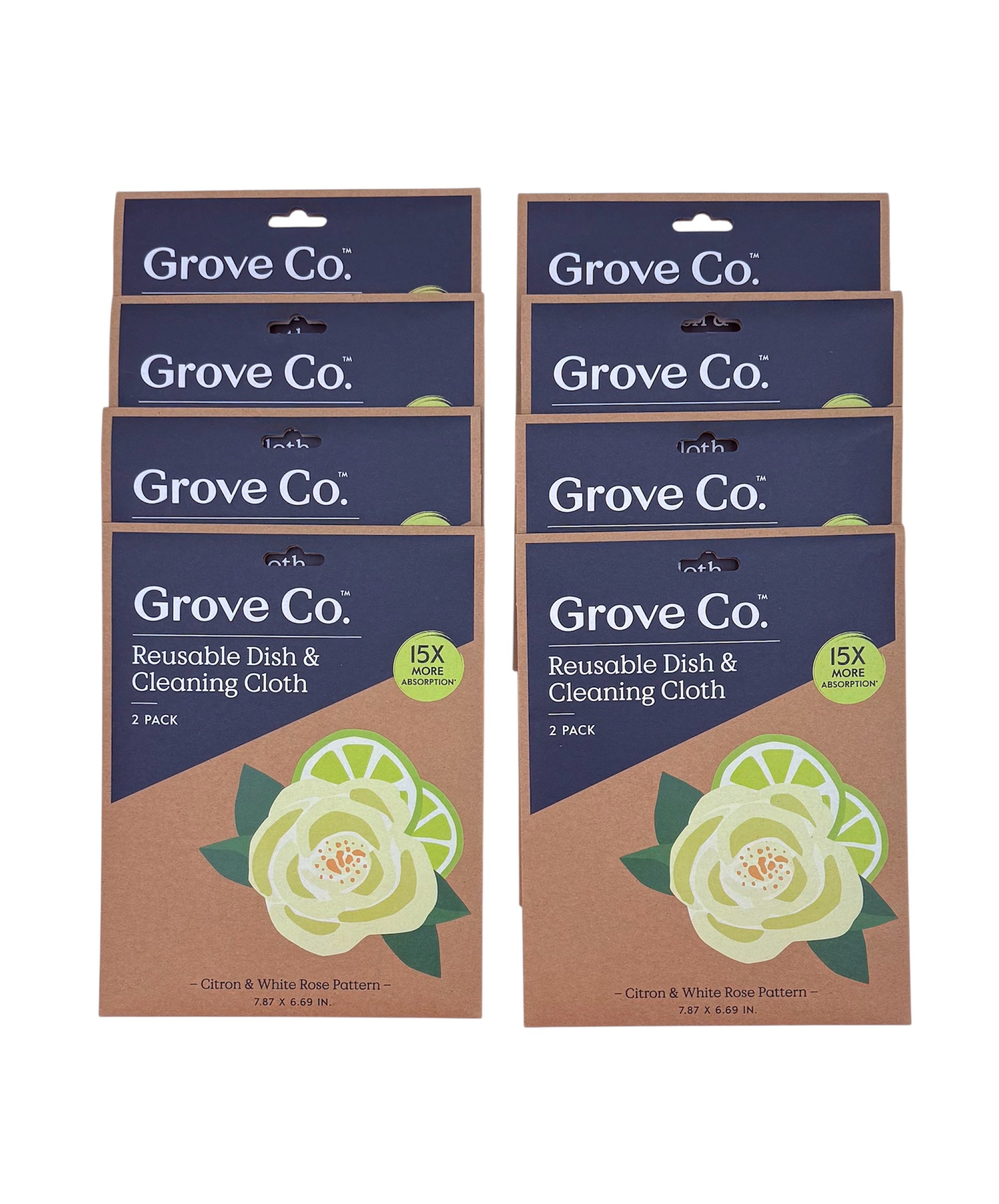 Grove Co. Reusable Dish & Cleaning Cloth. Citron & White Rose Scented. Pack of 2 cloths. Case of 8 packs.