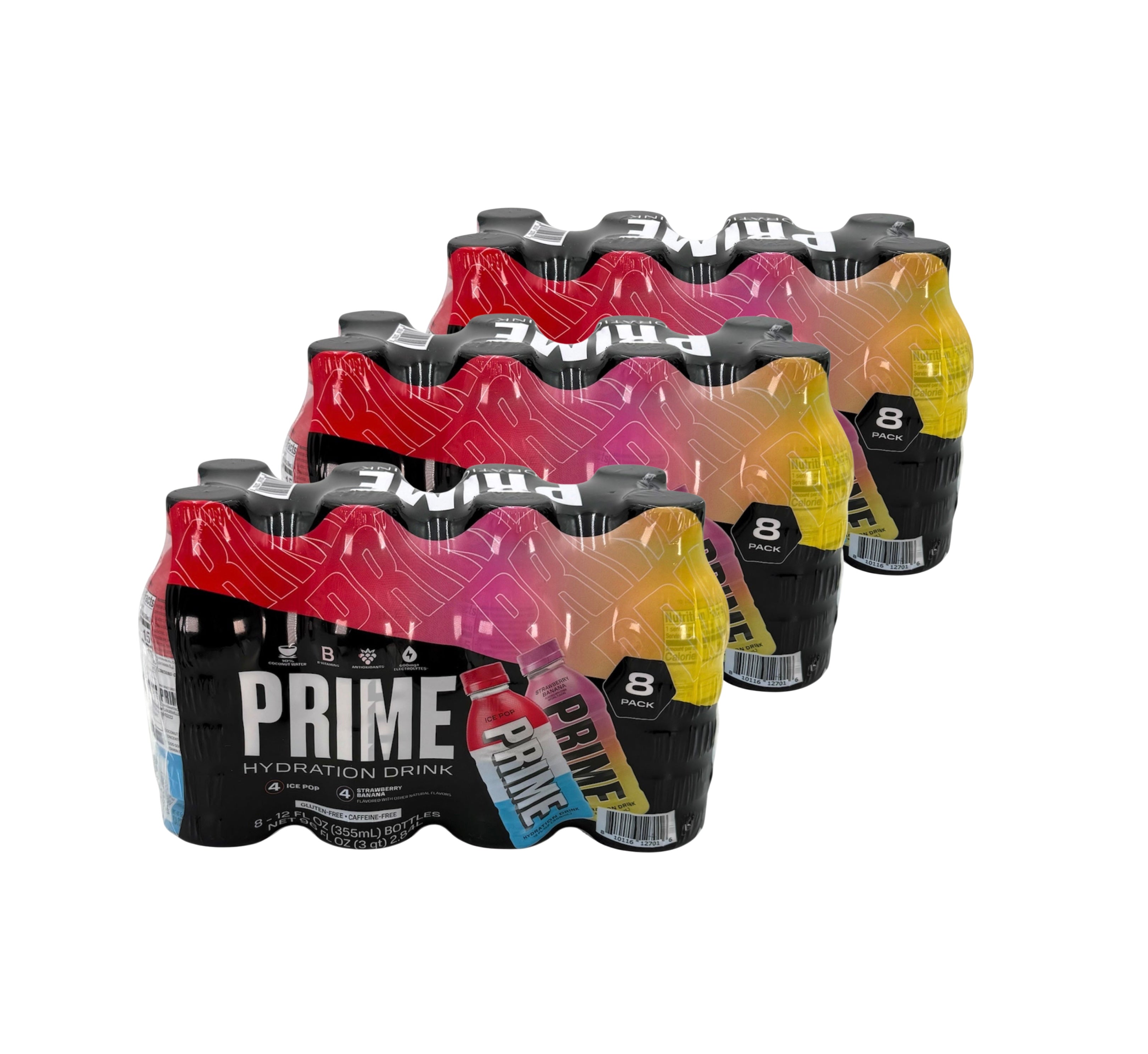 Prime Hydration Drink - 12 fl. oz. Bottle, Case of 24 Bottles. Ice Pop and Strawberry Banana Flavors