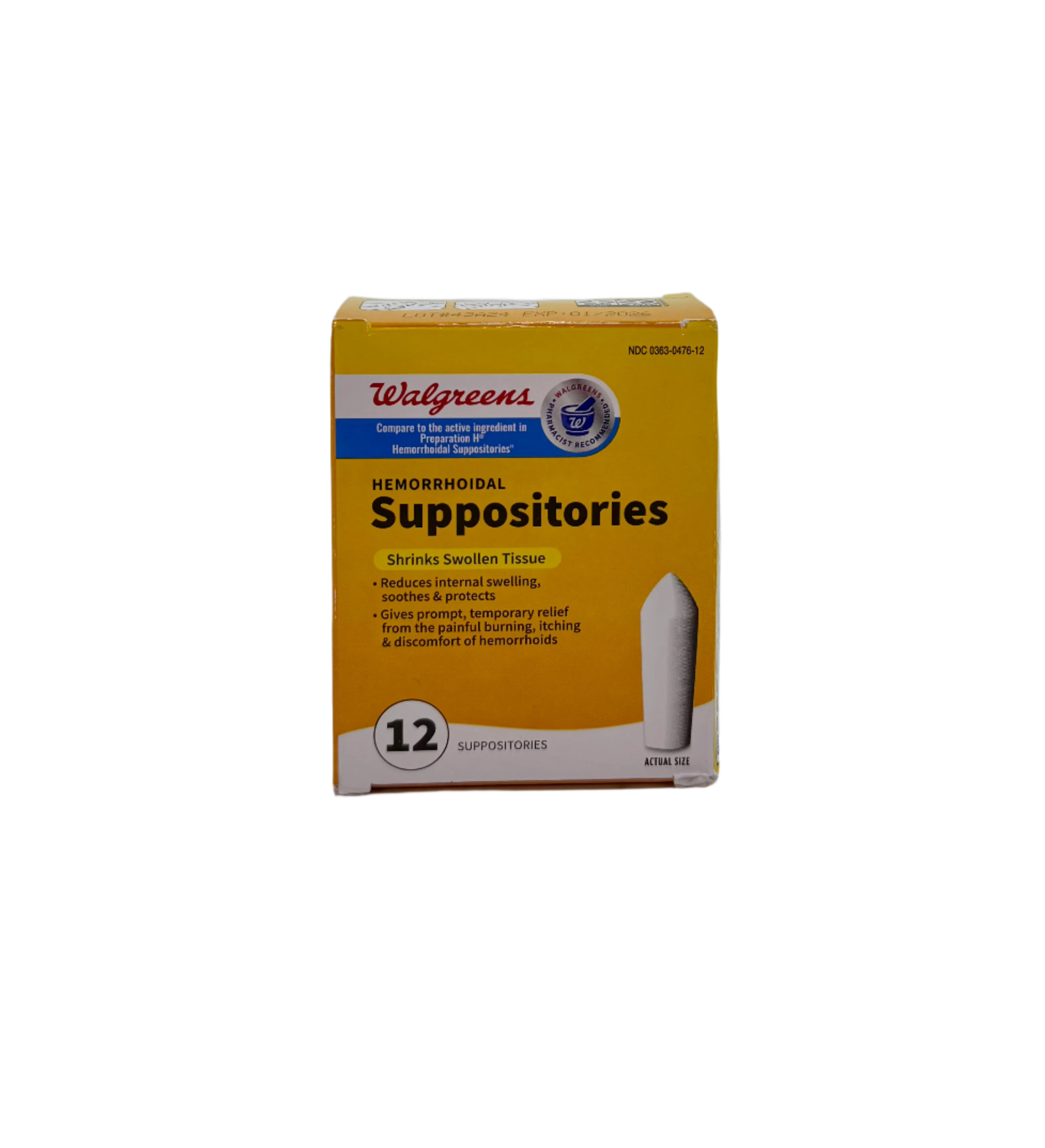 Suppositories. Assorted brands and count. Package of 12 or more suppositories.