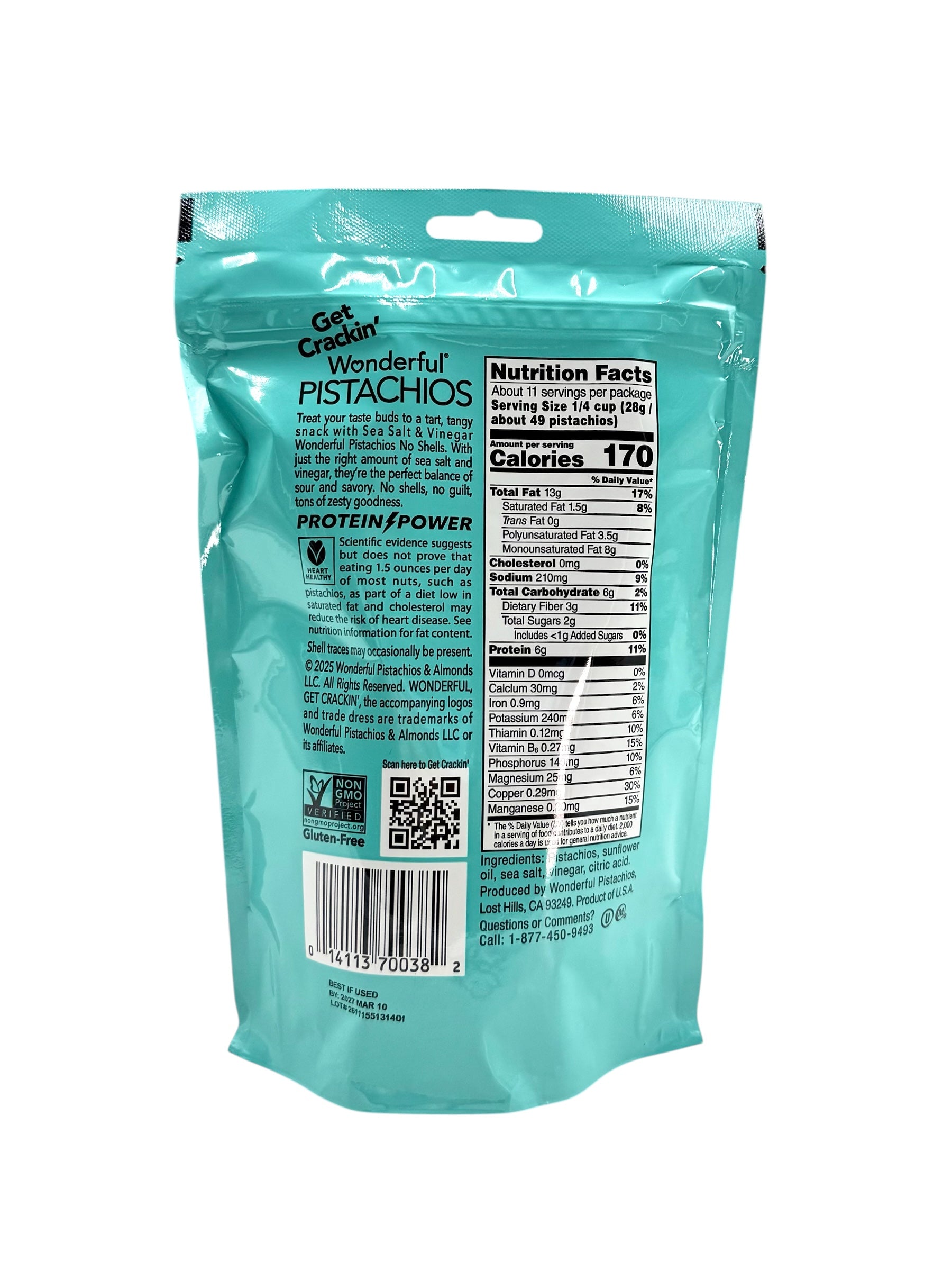 Wonderful® Sea Salt & Vinegar Pistachios, Shelled - 11 oz. Bag, Case of 12 Bags