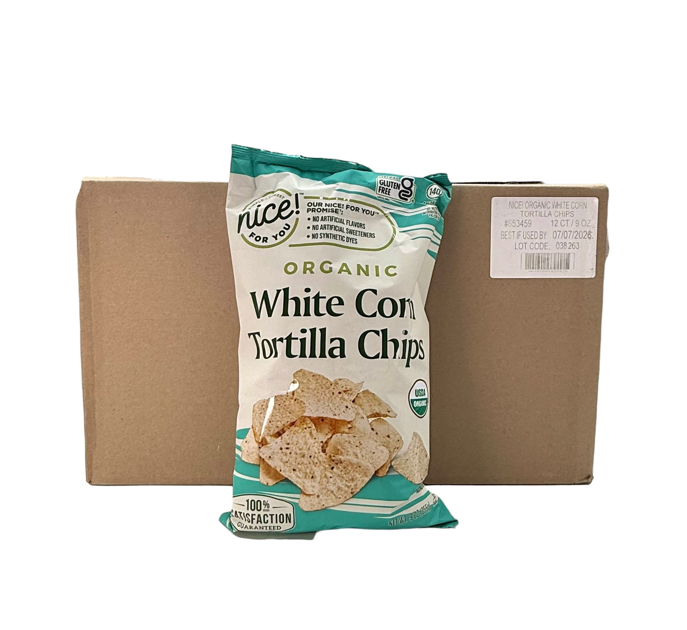 Organic White Corn Tortilla Chips, Nice! Brand - 9 oz. Bag, Case of 12 Bags