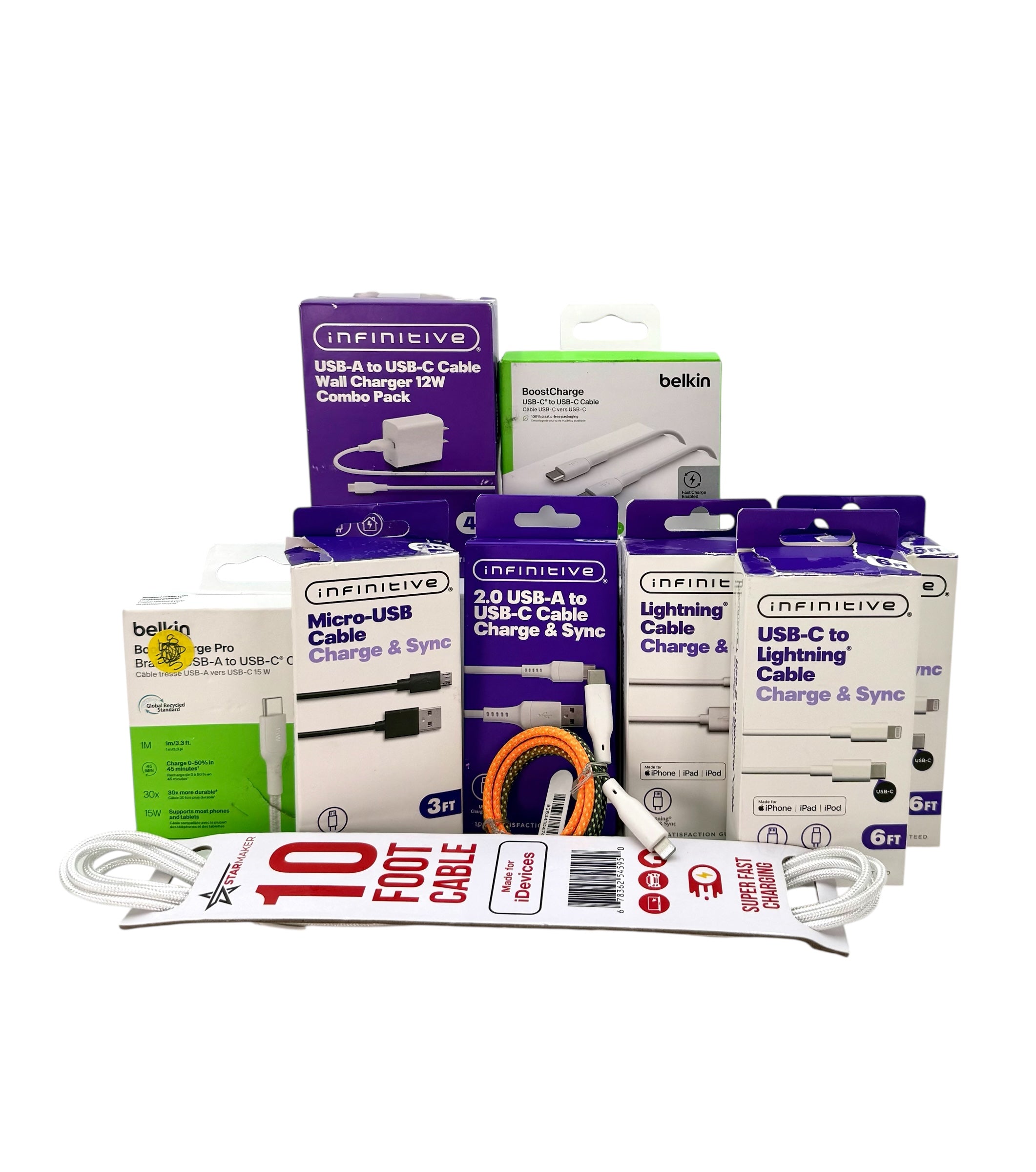 Phone & Electronics Charging Cables - Bag of 10 Assorted Charging Cables