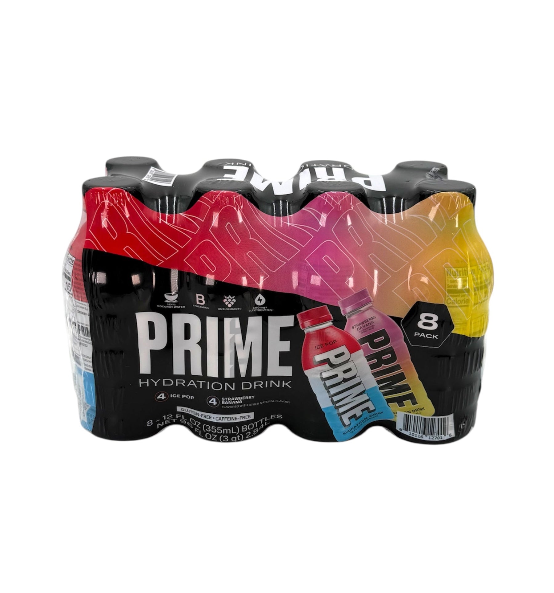 Prime Hydration Drink - 12 fl. oz. Bottle, Case of 24 Bottles. Ice Pop and Strawberry Banana Flavors