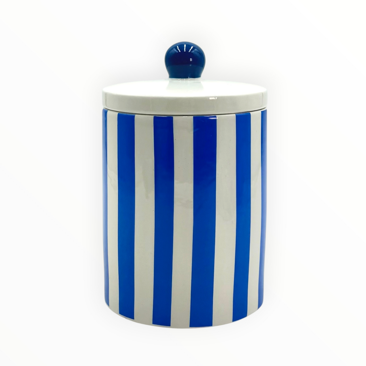 Ceramic Jar With Lid, Blue & White Striped