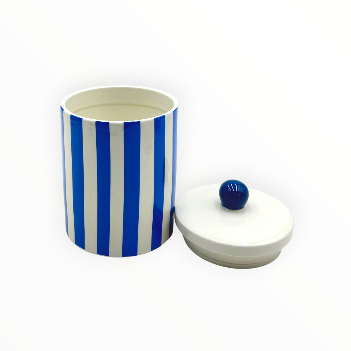 Ceramic Jar With Lid, Blue & White Striped