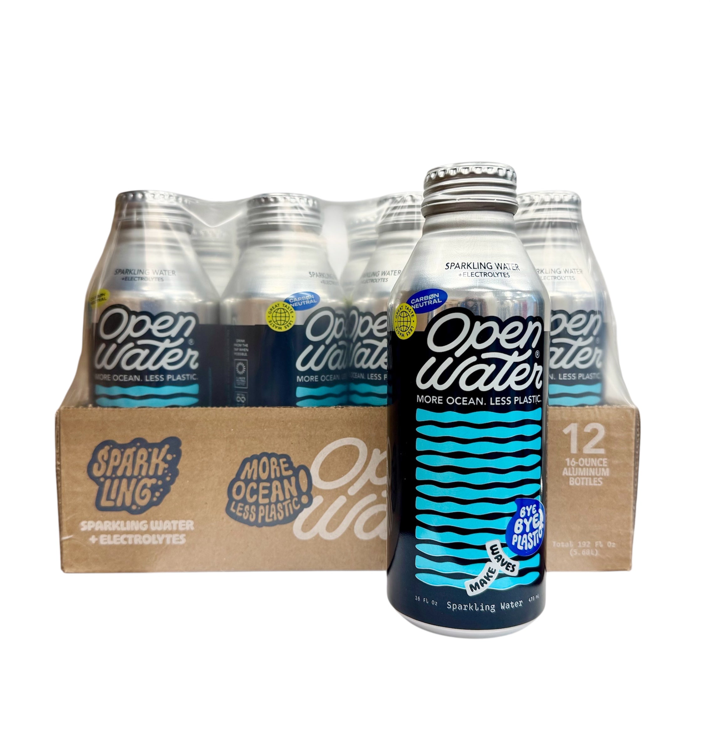 Sparkling Water with Electrolytes. Open Water Brand. 16 fl oz bottle. Case of 12 bottles.