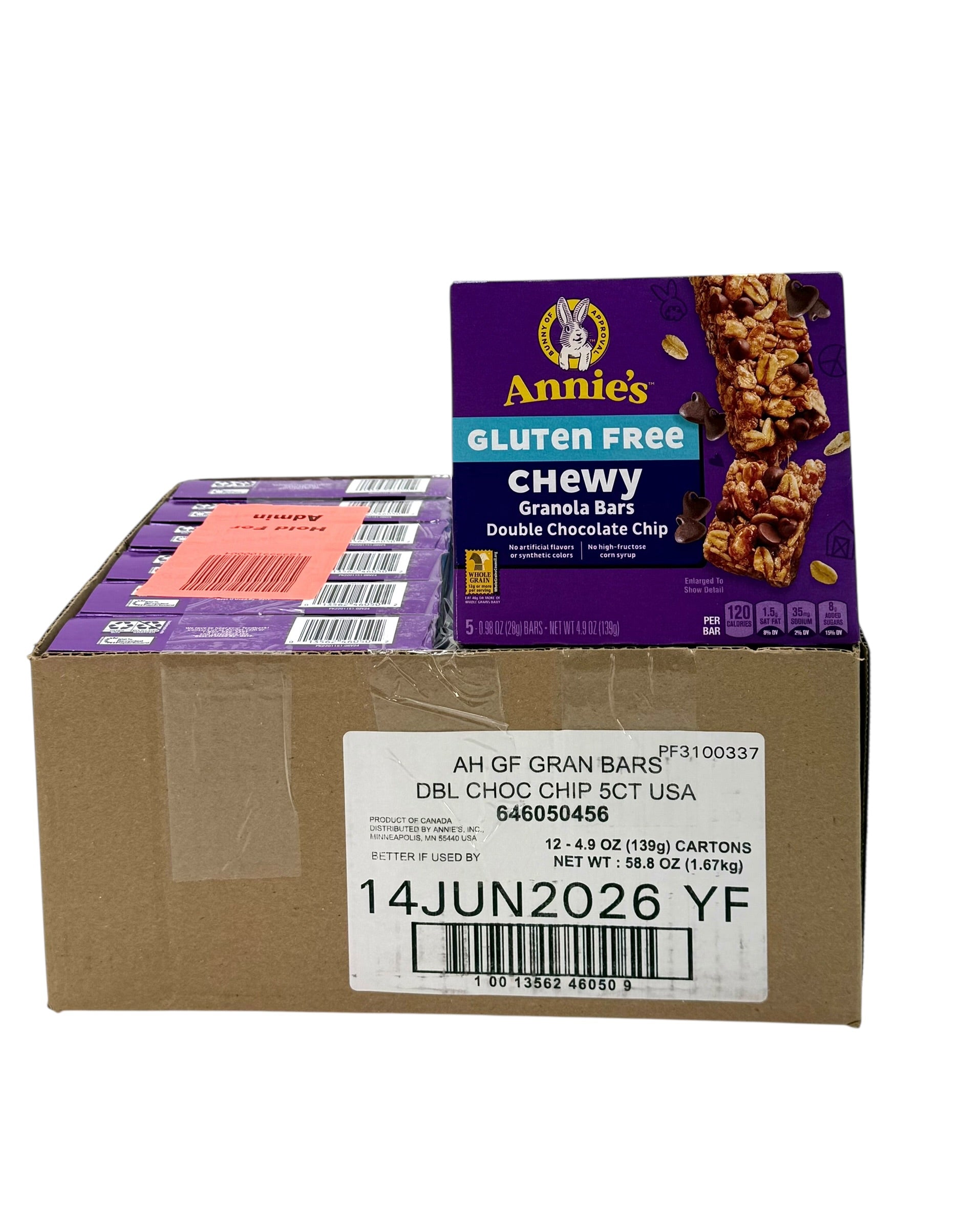 Annie's Gluten Free Chewy Granola Bars, Double Chocolate Chip - Pack of 5 Bars, Case of 12 Packs