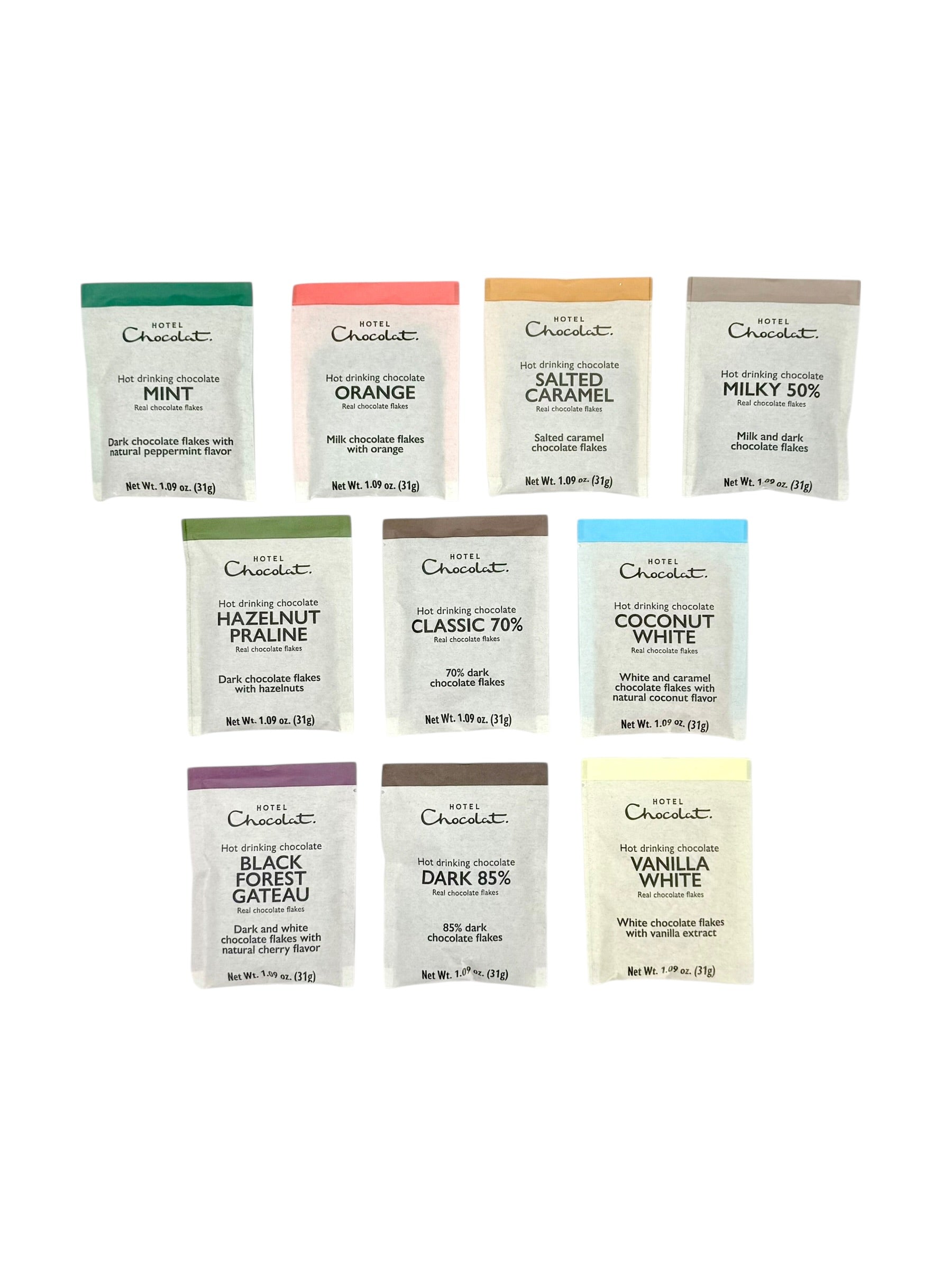 Hotel Chocolat Premium Chocolate Flakes, Assorted Flavors, Pack of 10 Sachets- For Hot Chocolate or Toppings