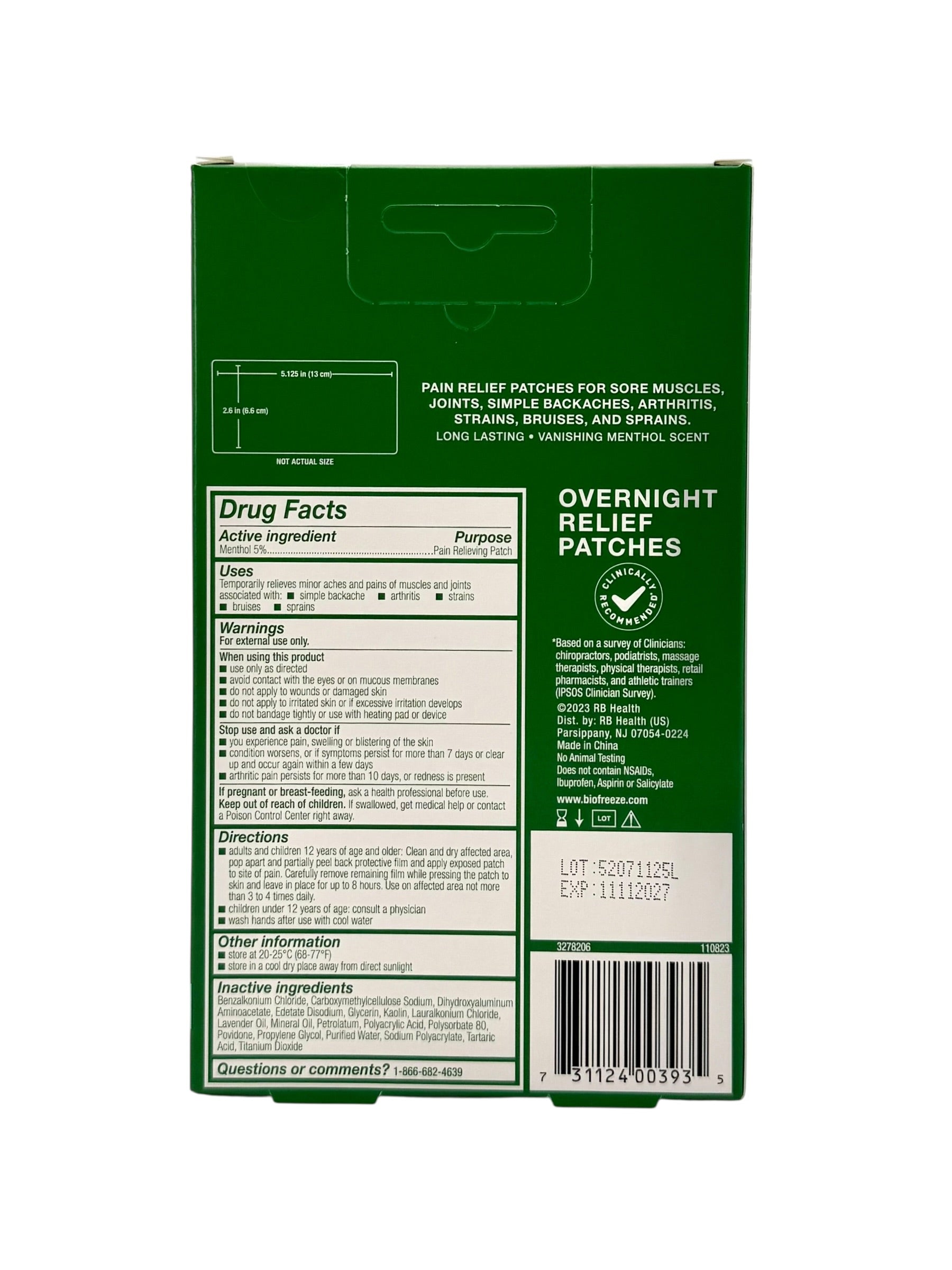 Biofreeze Overnight Pain Relief Patches, Pack of 4