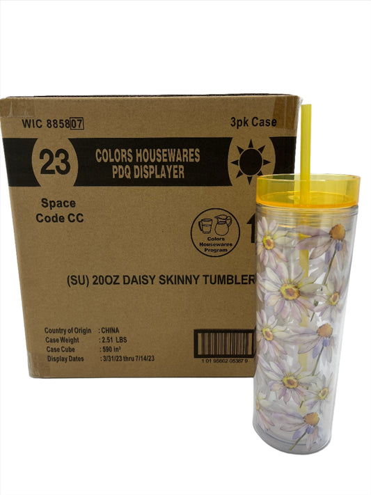 Drink Tumbler with Daisies, 20 oz tumbler with straw- Case of 3