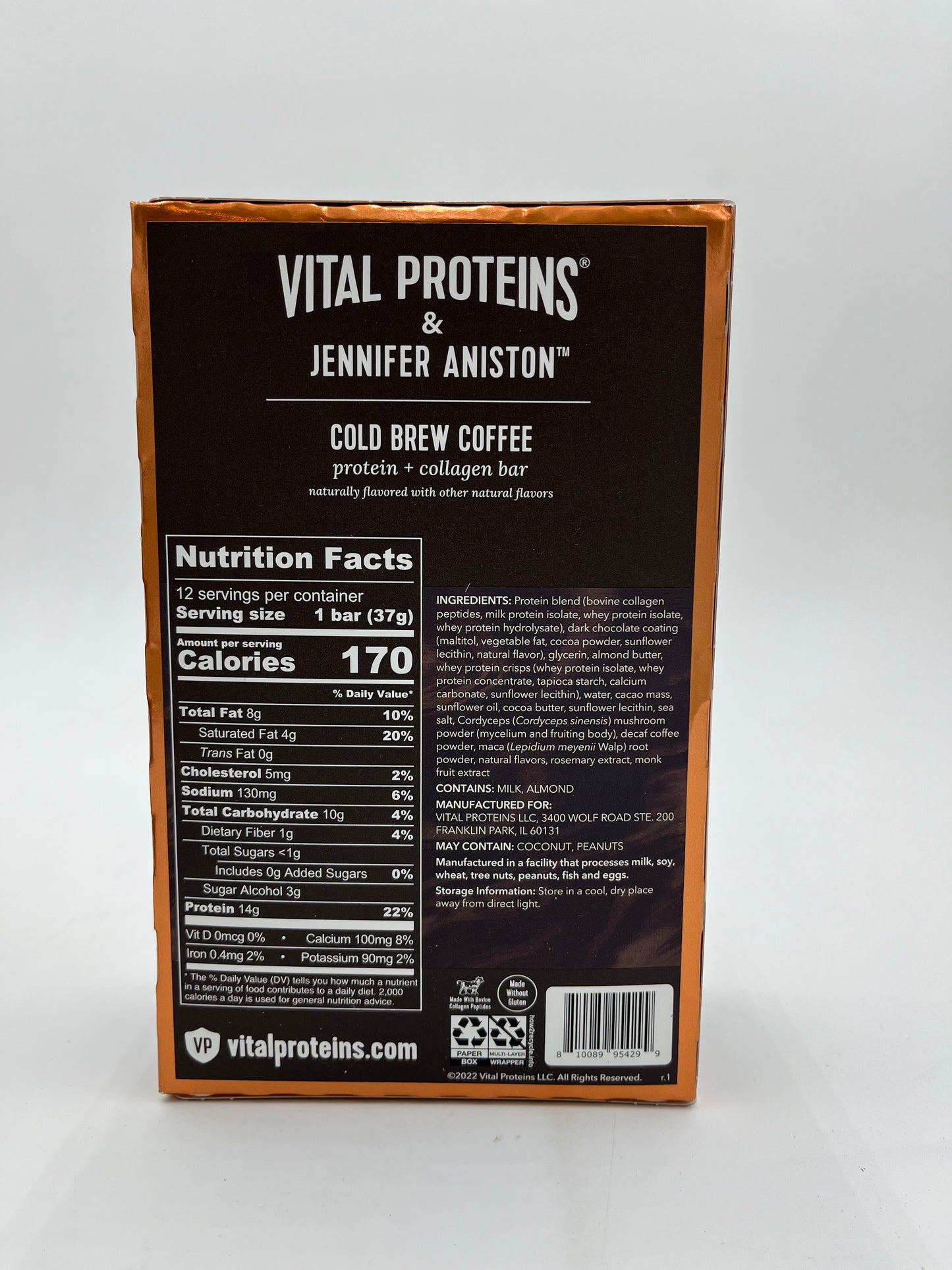 Vital Proteins & Jennifer Aniston- Cold Brew Coffee Protein Bar- Box of 12 bars- Case of 4 boxes