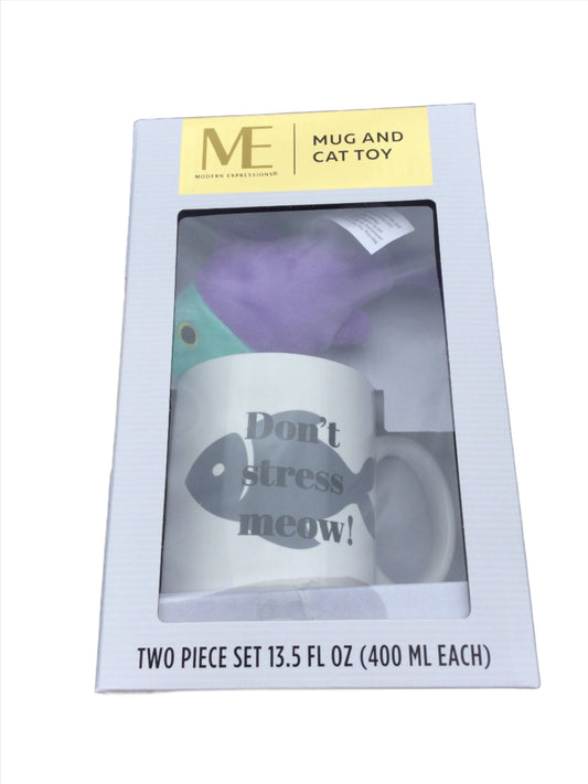 Mug Gift Set, Cat-Themed, "Don't Stress Meow" with Cat Toy, Modern Expressions Brand