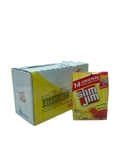 Slim Jim Original Snack Size Sticks.  Box of 14 sticks.  Case of 7 boxes.