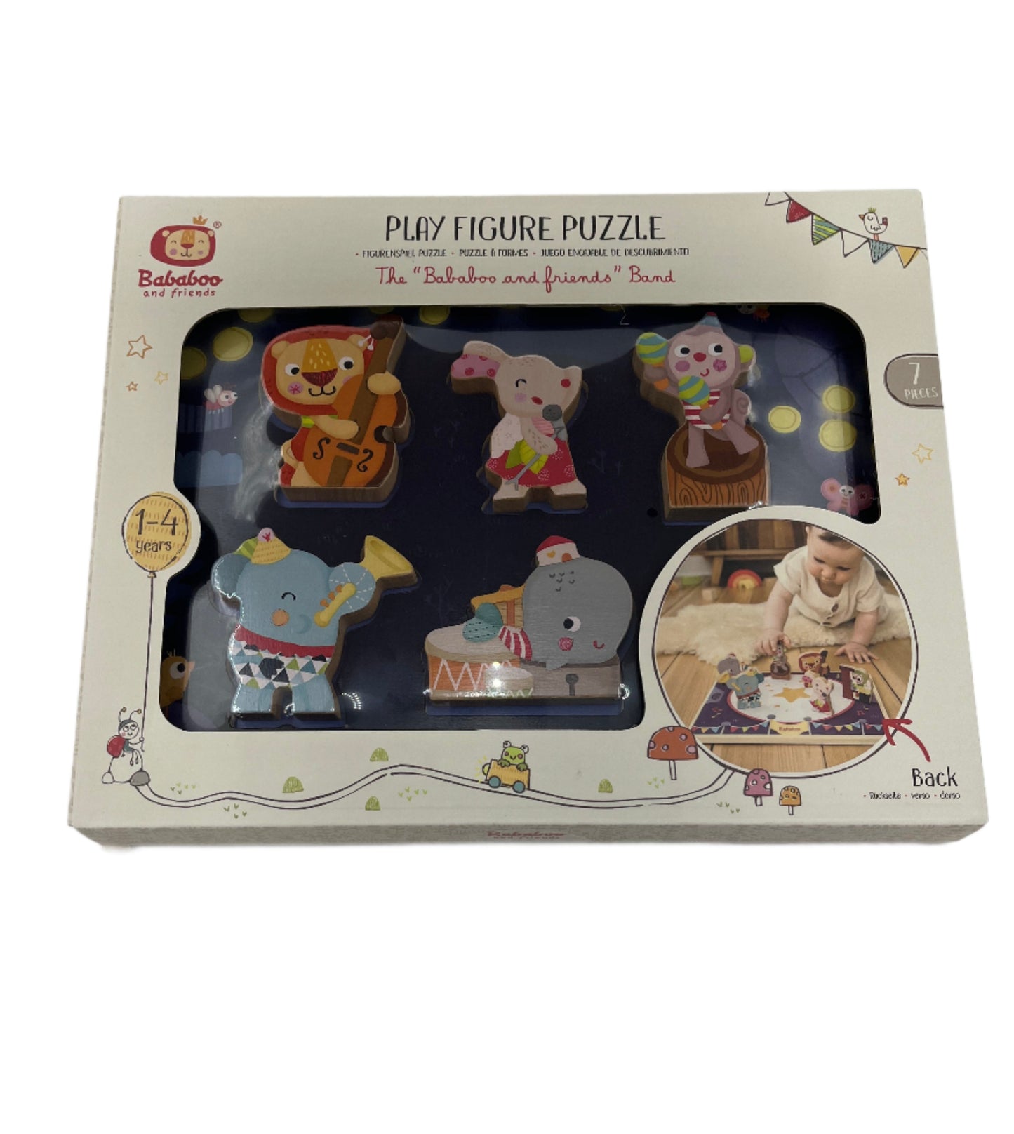 Wooden Play Figure Puzzle, Bababoo and Friends Band, White Case of 4