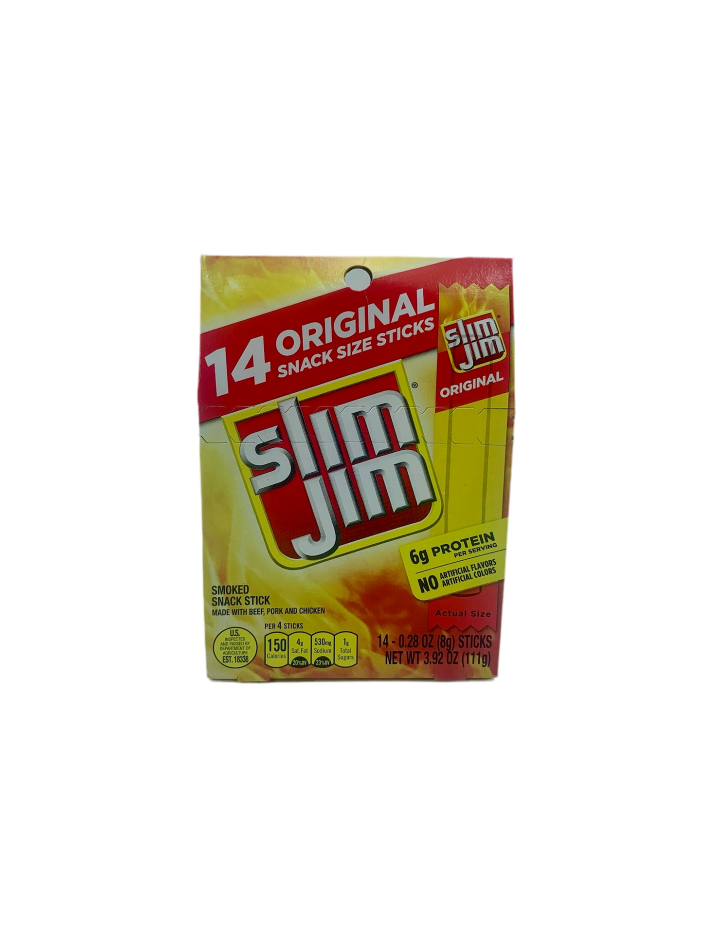 Slim Jim Original Snack Size Sticks.  Box of 14 sticks.  Case of 7 boxes.