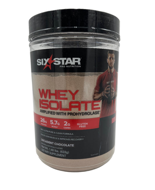 Protein Powder, Whey Isolate, Chocolate flavored, 1.4 lb tub.  Six Star Brand.