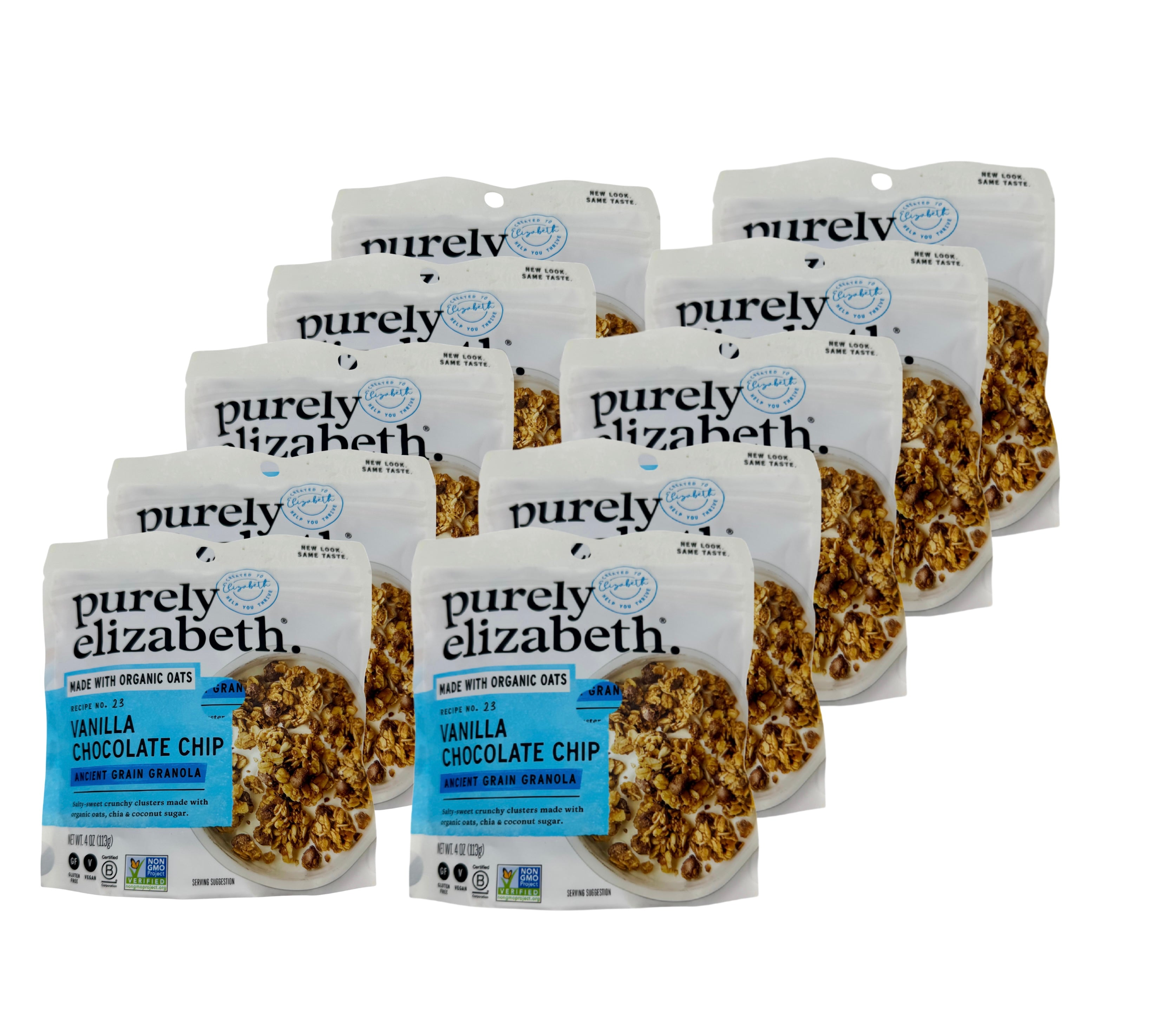 Vanilla Chocolate Chip Granola, Purely Elizabeth. 4oz Bag, Case of 10 Bags