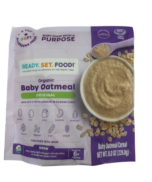 Organic Baby Oatmeal.  Ready. Set. Food! Brand.  8 oz package