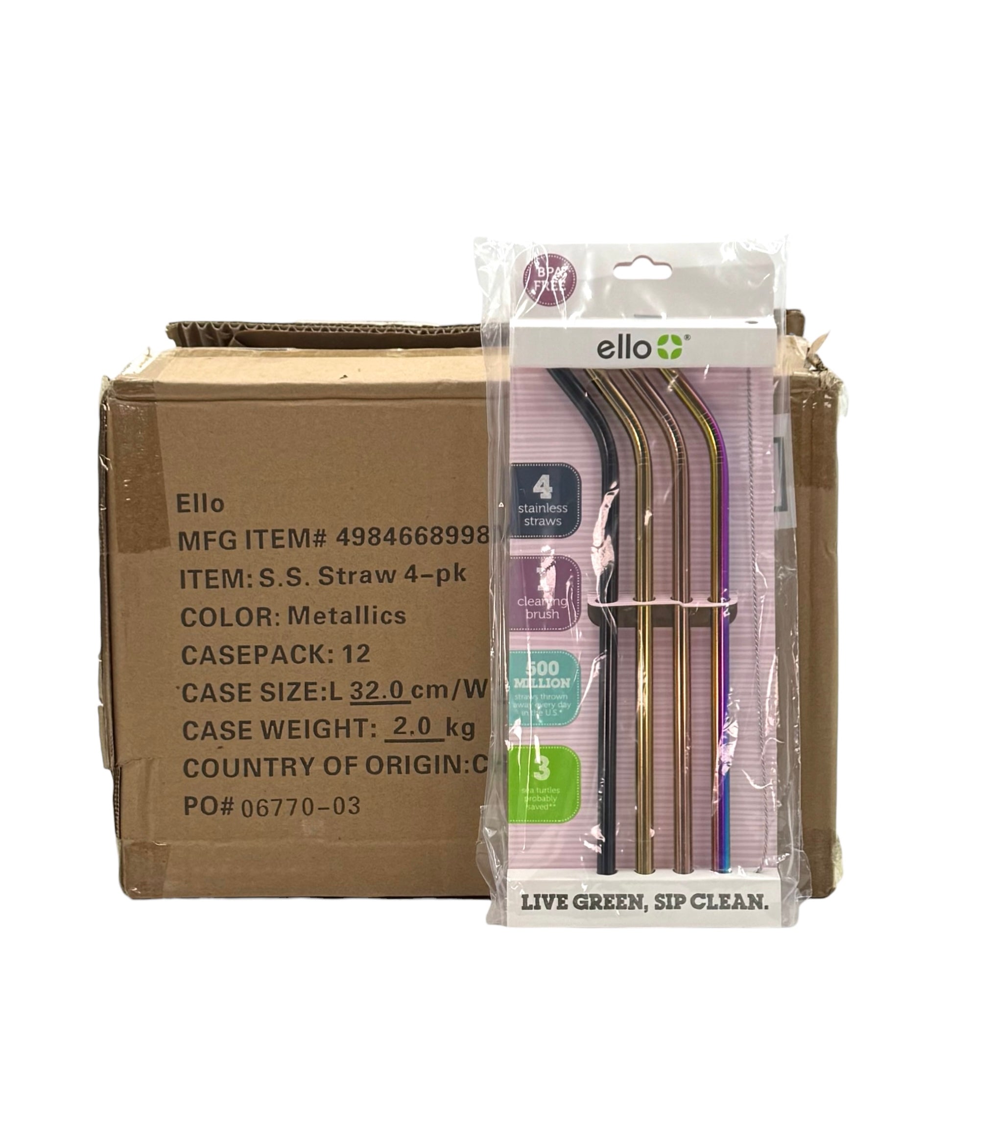 Stainless Drinking Straws, Ello Brand - Case of 12 4-Packs
