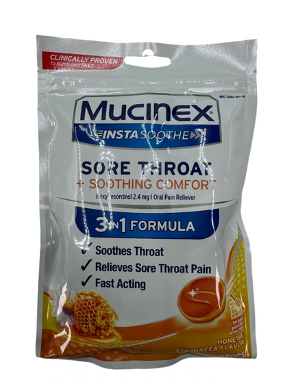 Mucinex InstaSoothe Sore Throat + Soothing Comfort Medicated Lozenges, Honey & Echinacea, 40 Count Bag.  Case of 144 bags.