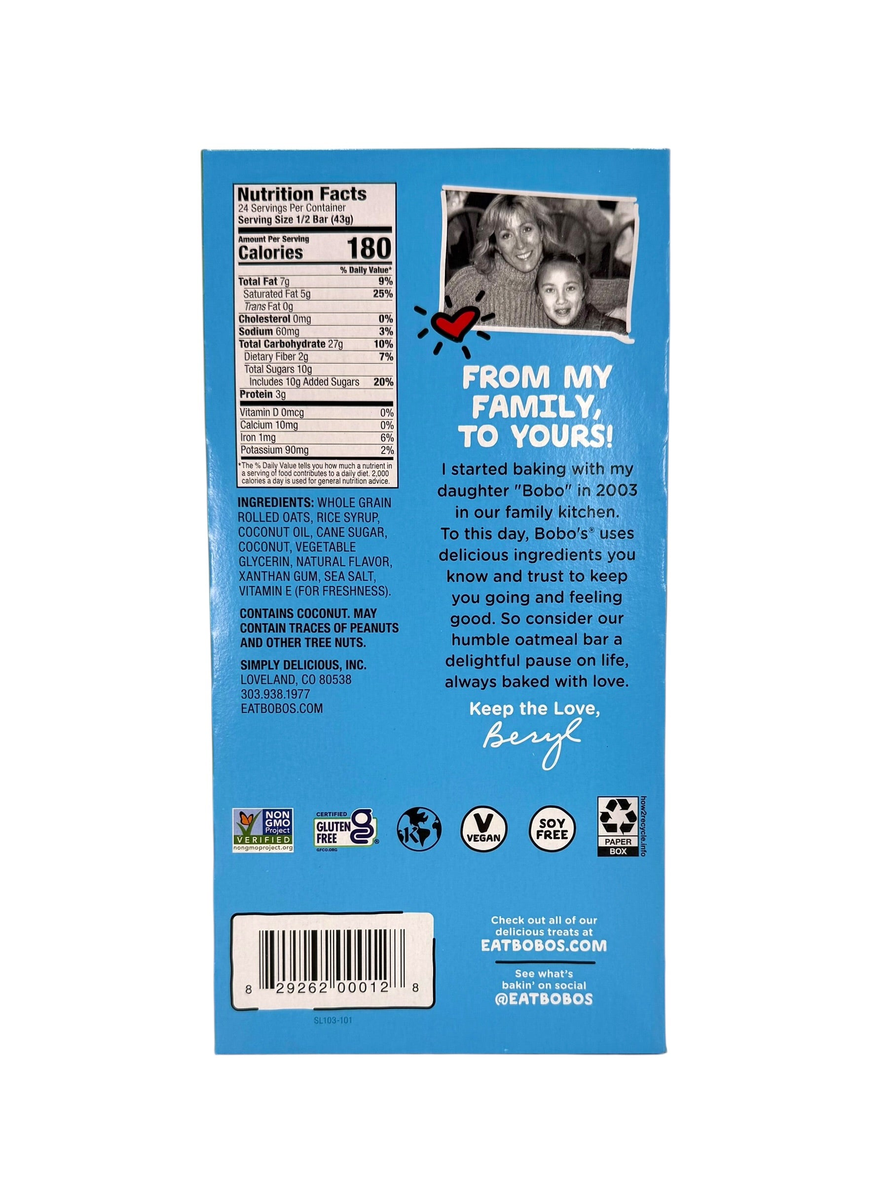 Bobo's Oatmeal Bars, Coconut -3 oz. Bars, Case of 48 Bars