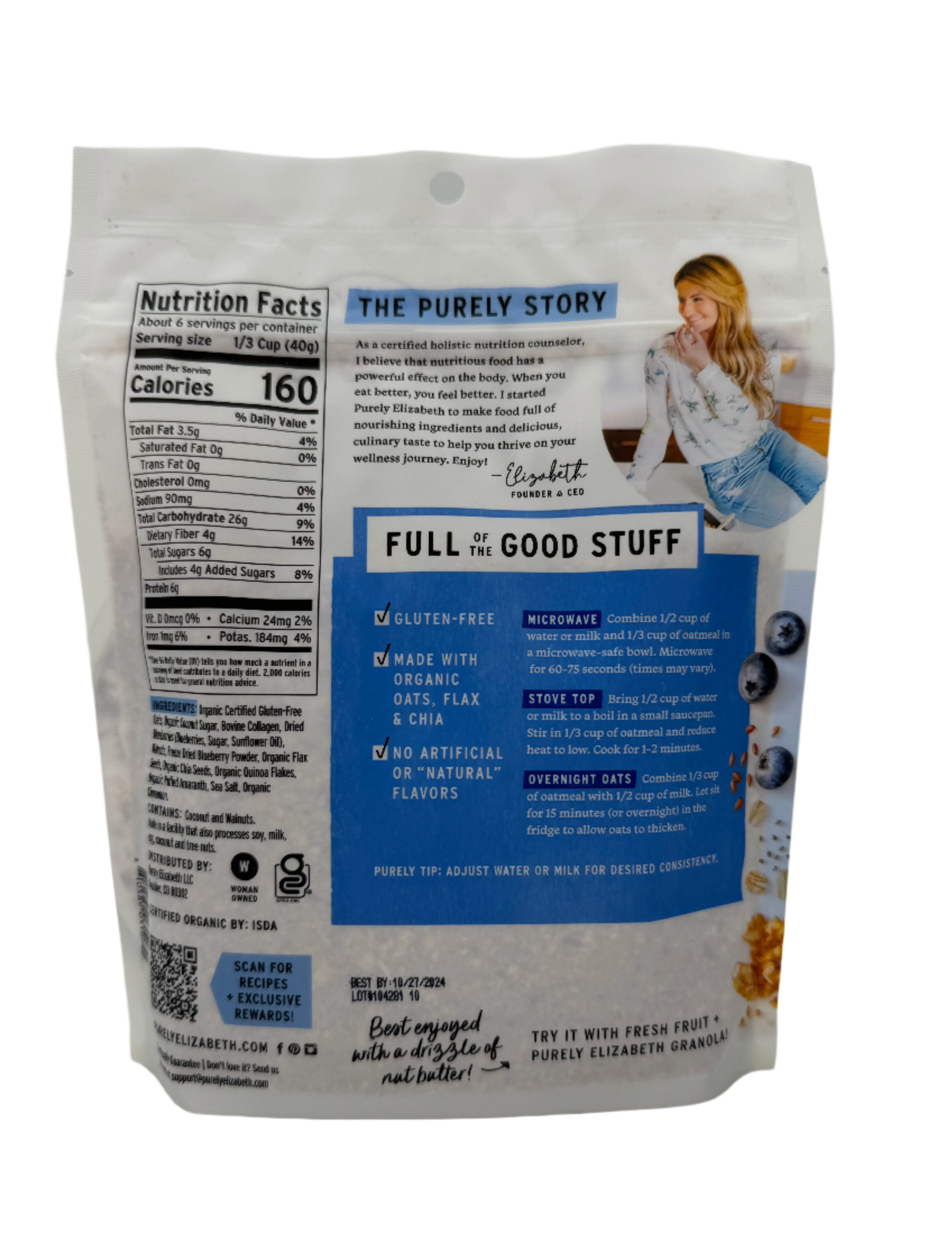 Blueberry Walnut Oatmeal with Collagen, Purely Elizabeth - 8 Oz Bag, Case of 6 Bags