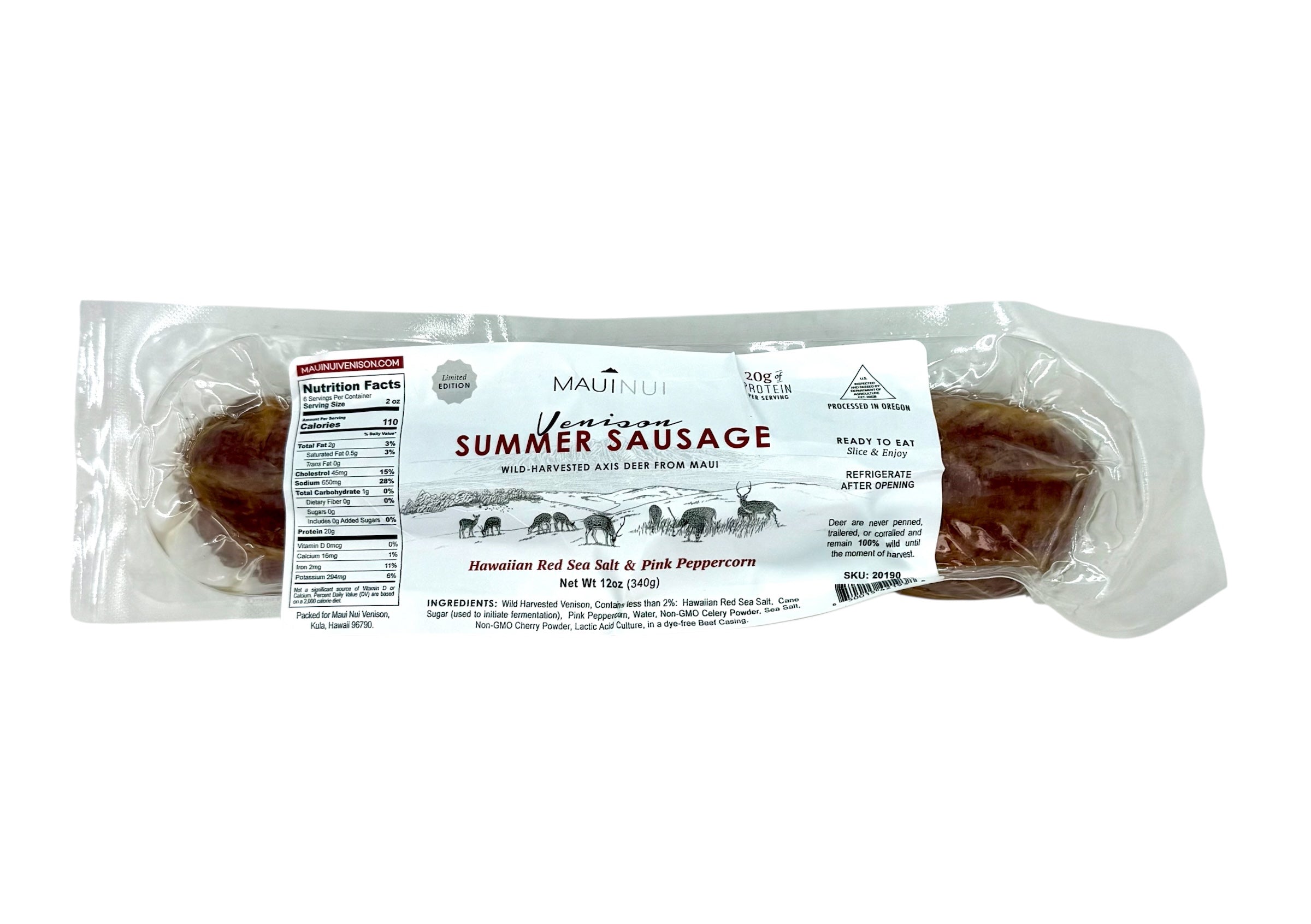 Venison Summer Sausage,  Hawaiian Red Sea Salt & Pink Peppercorn - 12 oz.