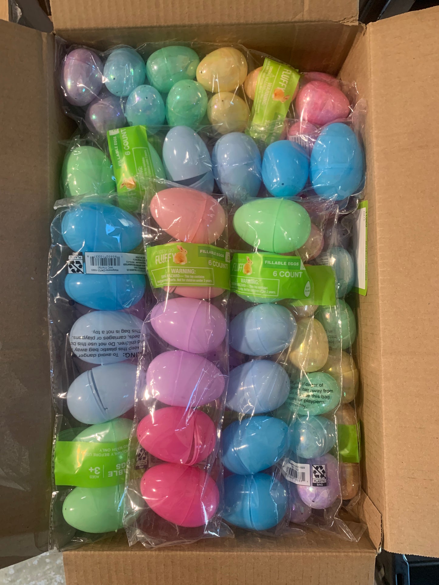 Easter Eggs, Empty, Plastic, Box of Assorted types and sizes.