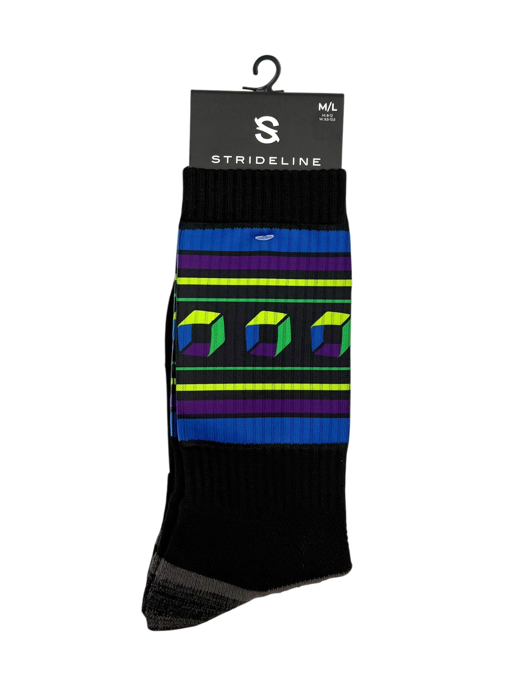 Strideline Premium Cushioned Crew Socks, Black with Geometric Design