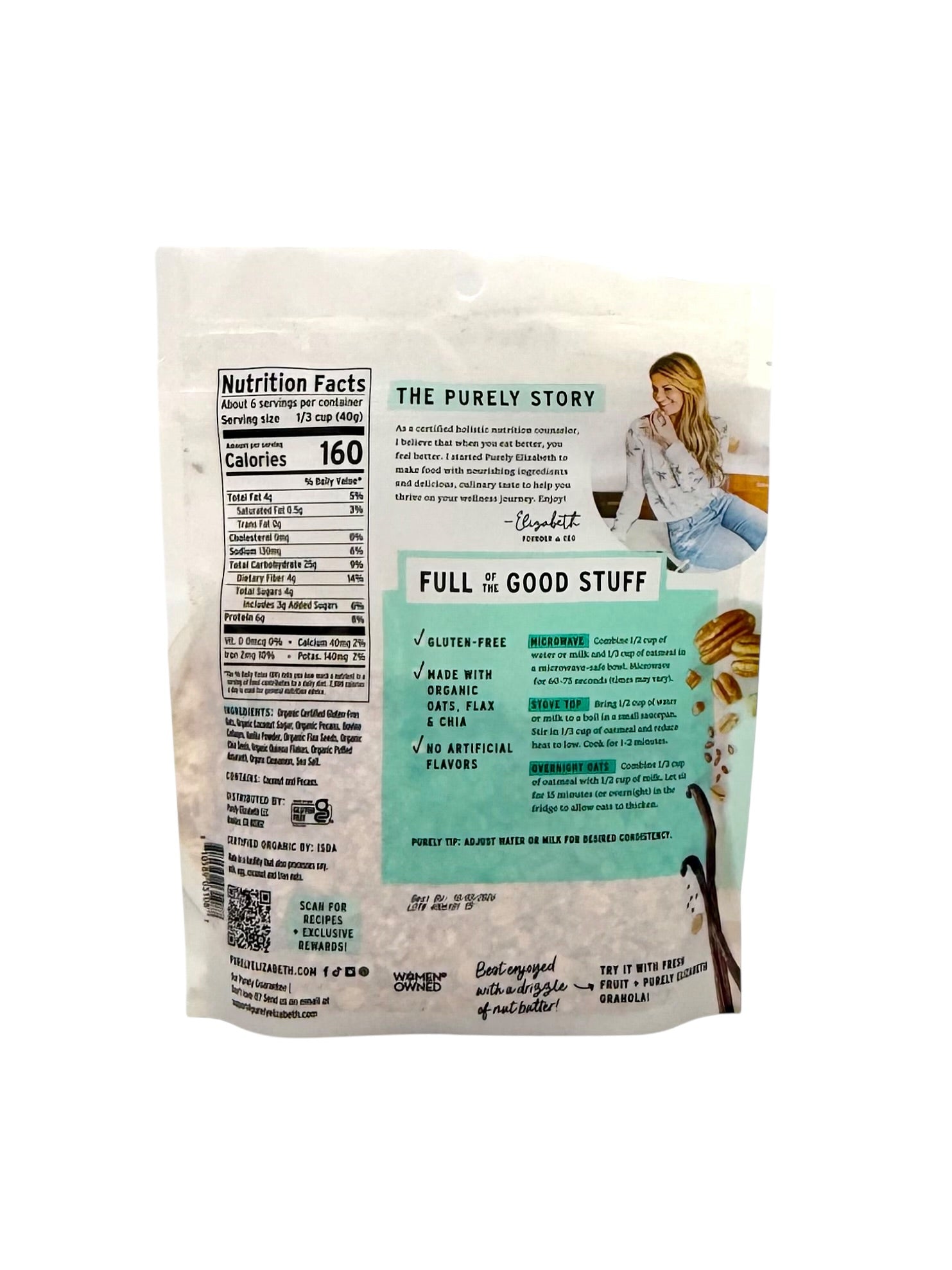 Vanilla Pecan Superfood Oatmeal, Purely Elizabeth - 8 oz. Bag, Case of 6 Bags