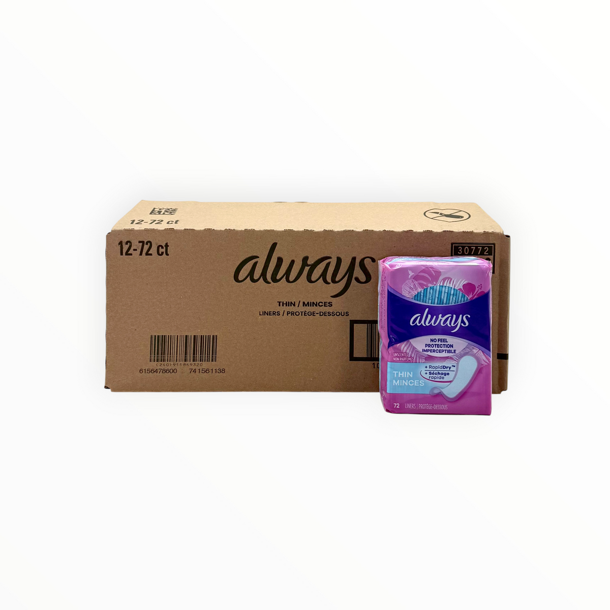 Always Thin Daily Liners, Unscented - Pack of 72, Case of 12 Packs
