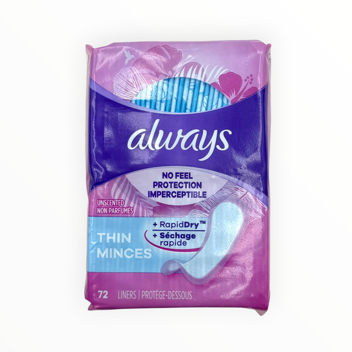 Always Thin Daily Liners, Unscented - Pack of 72, Case of 12 Packs