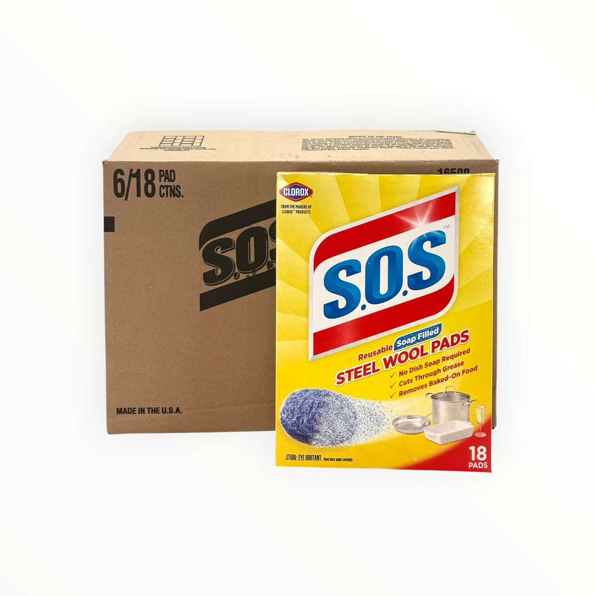S.O.S. Steel Wool Pads, Box of 18 Pads - Case of 6 Boxes
