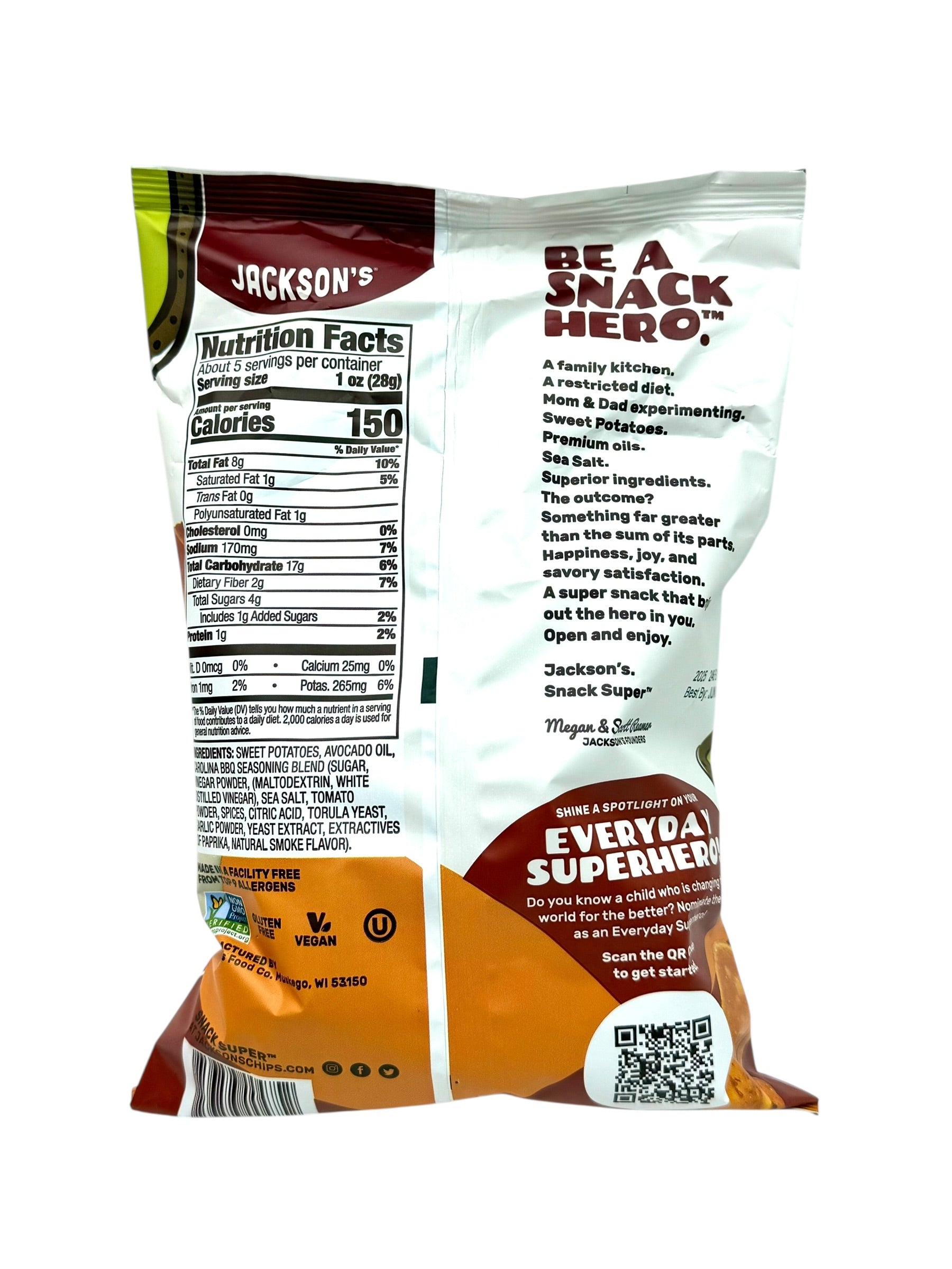 Jackson's Sweet Potato Chips, Carolina BBQ - 5 oz. Bag, Case of 12 Bags