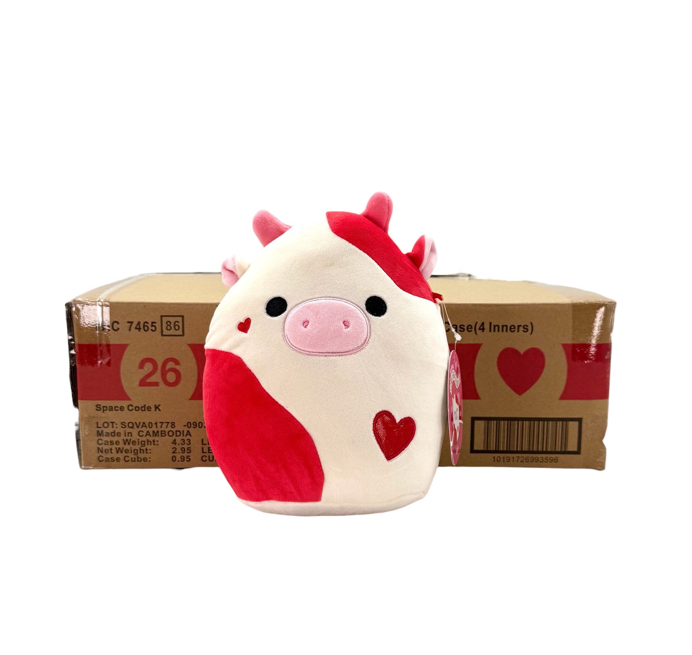 Plush 8 Inch Squishmallow Cow With Hearts - Case of 8