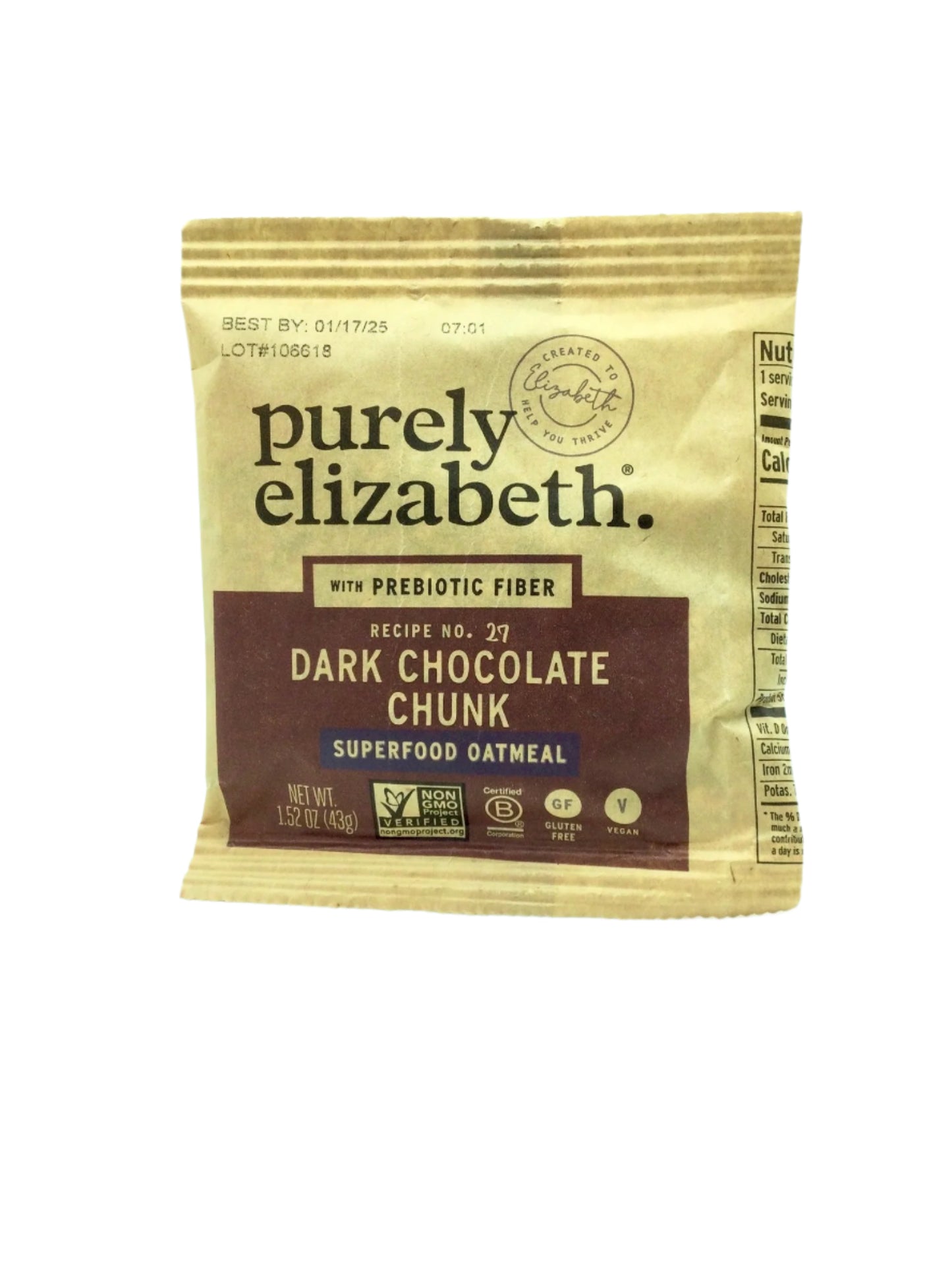 Purely Elizabeth Instant Oatmeal.  1.6 oz individual serving bag. Case of 60 bags.