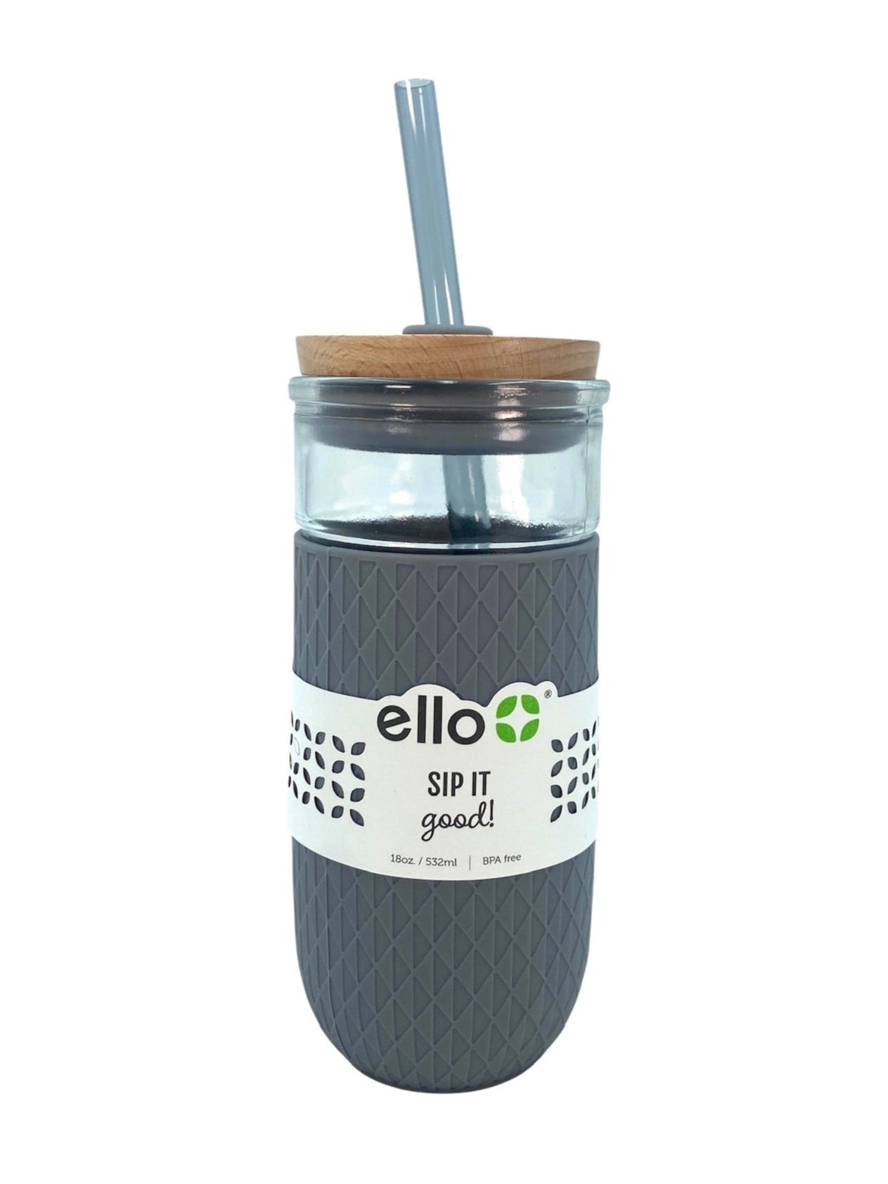 Glass Tumbler with Straw. 18oz Grey. Case of 6 tumblers.  Ello Brand