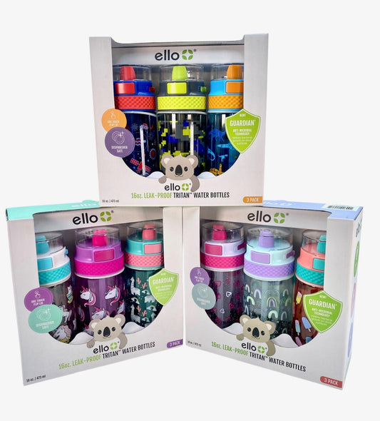 Plastic Kids Water Bottle. 16oz Bottle.  Pack of 3 bottles. Ello Brand