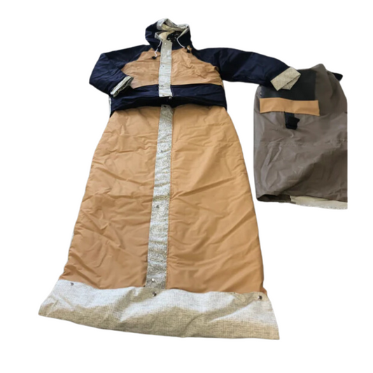 Jacket and Sleeping Bag Combo. Wind and waterproof jacket with an optional sleeping bag attachment to provide immediate shelter.