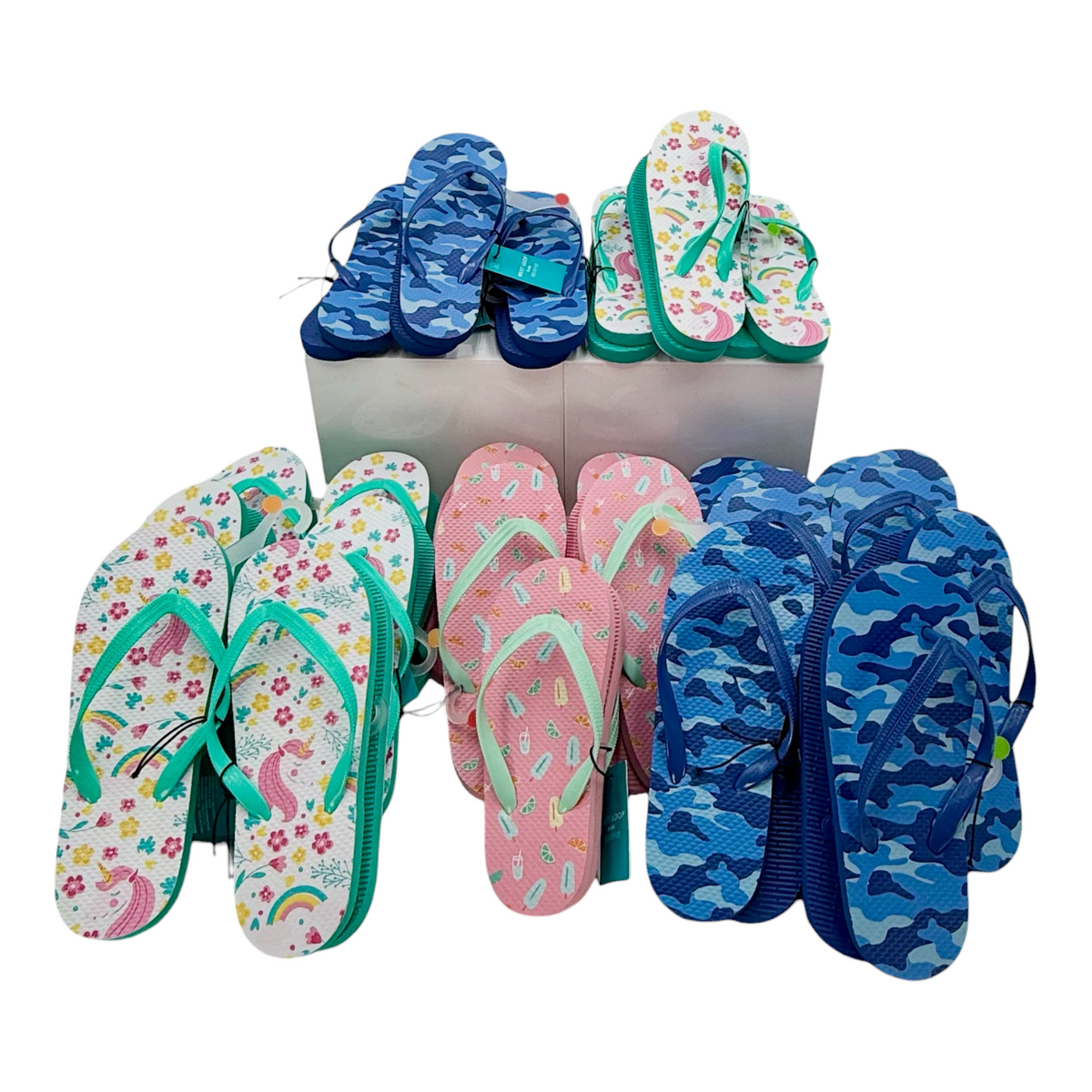 Kid's Flip Flops - Box of 25 Pairs, Assorted Sizes & Designs